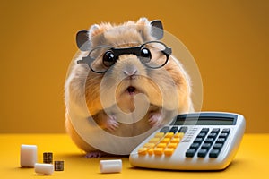 Shocked cute hamster in glasses with surprised eyes and calculator, created with Generative AI technology