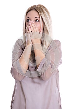 Shocked and desperate isolated young woman with blond hair over
