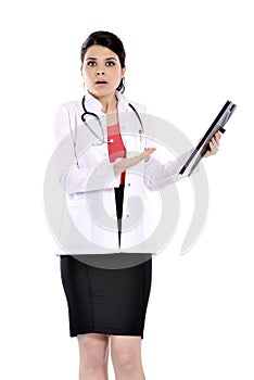 Shocked doctor woman expresses shock.