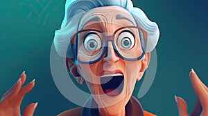 Shocked Elderly Cartoon Woman with Glasses