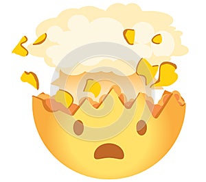 Shocked emoji. Exploding head emoticon. A yellow face with an open mouth and the top of its head exploding in the shape of a brain