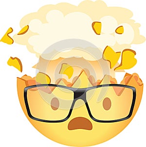 Shocked emoji wearing glasses. Exploding head nerd emoticon. Yellow face with an open mouth, wearing glasses and the top of its