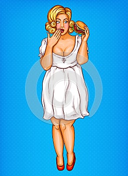 shocked fat obese blonde woman in white dress with hamburger, obesity from fast food concept in pop art.