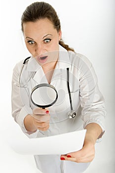 Shocked female doctor analyzing document