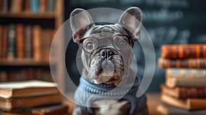 shocked french bulldog with glasses being astounded by the amount of information photo