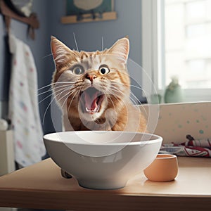 Shocked ginger cat with open mouth open mouth looking at a white bowl, portraying humor and curiosity