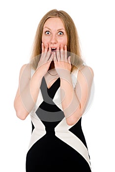 Shocked girl covers her mouth with hands