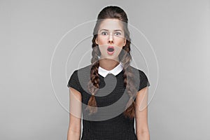 Shocked girl looking at camera with stress and open mouth