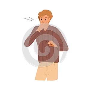 Shocked guy closed mouth by hand with surprised face expression vector flat illustration. Worried man feeling stress and