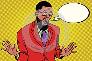 Shocked hipster bearded African American businessman says comic