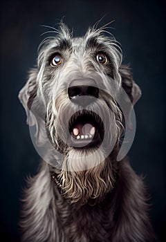 Shocked Irish wolfhound close up portrait.