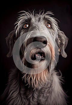 Shocked Irish wolfhound close up portrait.
