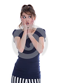 Shocked isolated young woman in panic looking sideways.