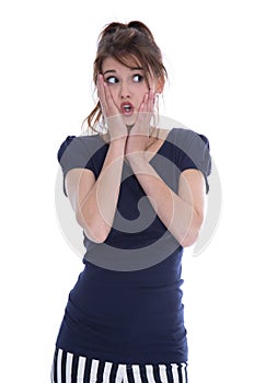 Shocked isolated young woman in panic looking sideways. photo