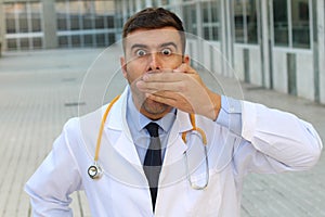 Shocked looking doctor close up