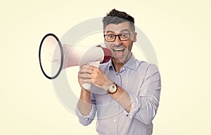 shocked man announcer with megaphone isolated on white background. man announcer