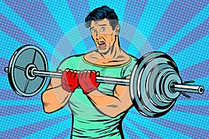 Shocked man with a barbell in the gym