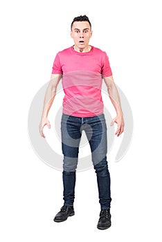 Shocked man in light studio. White background