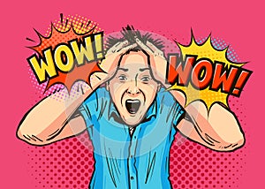 Shocked man. WOW lettering. Vector illustration in pop art retro comic style