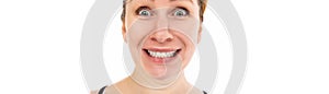 shocked middle-aged woman close-up portrait on white background