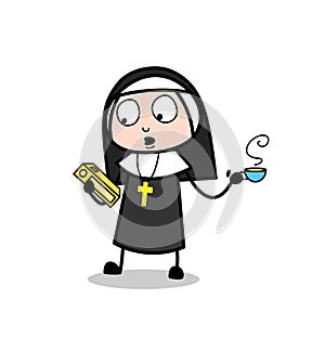 Shocked Nun Reading Book and Drinking Hot Tea