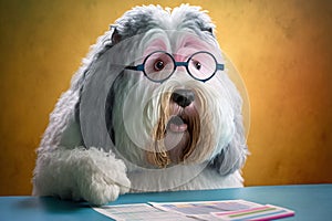 Shocked old english sheepdog dog in glasses with surprised eyes counting taxes, created with Generative AI technology