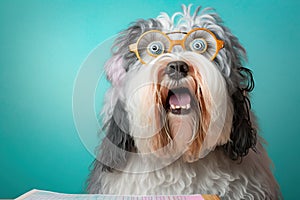 Shocked old english sheepdog dog in glasses with surprised eyes counting taxes, created with Generative AI technology