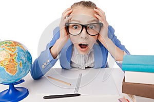 Shocked overwhelmed student wearing glasses