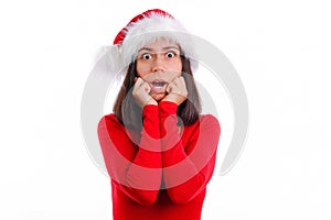 Shocked panicking woman in red christmas Santa hat hear mind-blowing news, look worried and shocked, stare camera stand