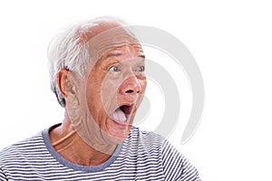 shocked, stunned, unhappy old man with surferâ€™s eye or pterygium