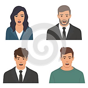 Shocked and surprised funny face of man and woman. Emotions and facial expressions concept, vector illustrations