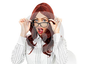 Shocked Surprised Young Business Woman Wearing Glasses