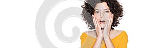 Shocked teenager screaming in disbelief, isolated over white background. Surprised young girl waist up studio shot banner.