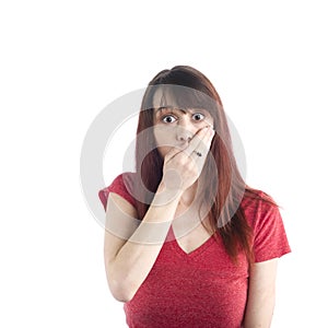 Shocked Woman Covering her Mouth with One Hand