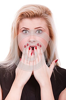 Shocked woman covering mouth with hands