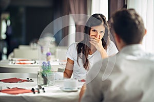 Shocked woman in disbelief.Handling bad news.Relationship,marital problems.Woman hearing confession from husband.Divorce