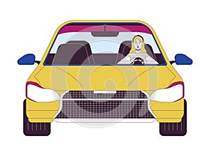 Shocked woman driving car 2D linear cartoon character