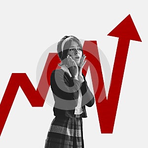 Shocked woman isolated over white background with red arrow chart as indicator of increase in prices for goods, products