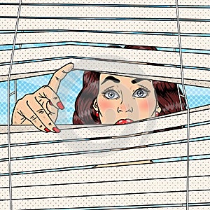 Shocked Woman Looking Through the Blinds. Pop Art retro illustration