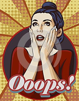 Shocked woman with open mouth. Surprised face with two hands. Word Ooops. Vector image comics styled.