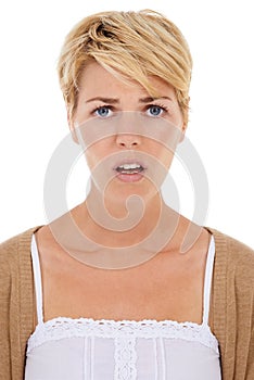 Shocked woman, portrait and disappointed for news, unfair or failure on a white studio background. Face of female person