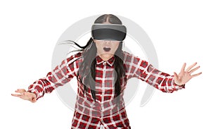 Shocked woman in VR playing and traveling in cyberspace.