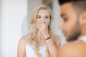 Shocked Woman Worried Cover Mouth by Hand Couple Conflict Relationships Problem