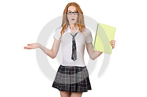 The shocked young student female isolated on white