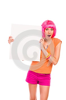 Shocked young woman with blank white card.
