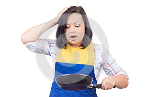 Shocked Young Woman with Frying Pan