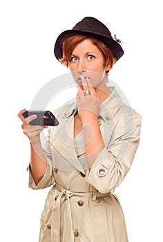 Shocked Young Woman Holding Smart Cell Phone on White