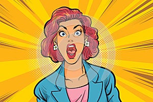 Shocking business woman hand up comic style.Beautiful surprised woman in the pop art comics style
