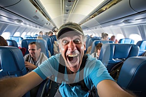 A shocking image capturing a man on an airplane with his mouth wide open, Happy tourist taking selfie inside airplane, AI