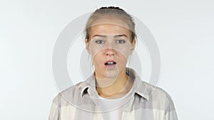 Shocking News, Upset, Portrait of Beautiful Girl in Shock, White Background